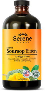 Serene Herbs Soursop Bitters Liquid with Soursop Leaves for Gut Cleanse, Detox & Immune Boost with Black Seed, Moringa, Irish Moss, Ashwaganda, Turmeric, 16 Fl Oz (Pack of 1), Mango