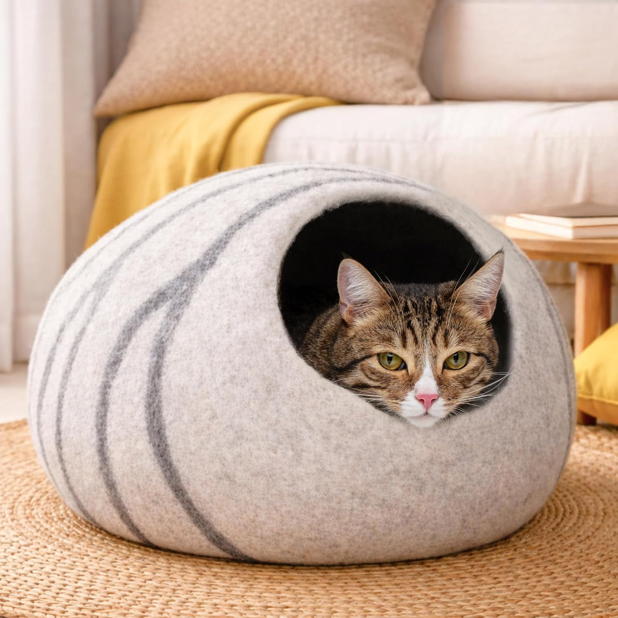 MEOWFIA Cat Cave – Premium Felt Cat Bed for Indoor Cats, Handmade Merino Wool (Light Grey, Medium)