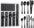 53PCS Black Silverware Set for 8 with Flatware Drawer Organizer, Stainless Steel Cutlery Set with Steak Knives, Include Spoons and Forks Set & Serving Utensils, Mirror Polished, Dishwasher Safe