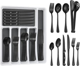 53PCS Black Silverware Set for 8 with Flatware Drawer Organizer, Stainless Steel Cutlery Set with Steak Knives, Include Spoons and Forks Set & Serving Utensils, Mirror Polished, Dishwasher Safe