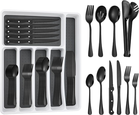 53PCS Black Silverware Set for 8 with Flatware Drawer Organizer, Stainless Steel Cutlery Set with Steak Knives, Include Spoons and Forks Set & Serving Utensils, Mirror Polished, Dishwasher Safe