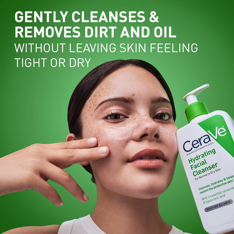 Cerave Hydrating Facial Cleanser, Moisturizing Face Wash for Dry Skin, Hyaluronic Acid + Ceramides + Glycerin, Hydrating Cleanser for Normal to Dry Skin, National Eczema Association Certified