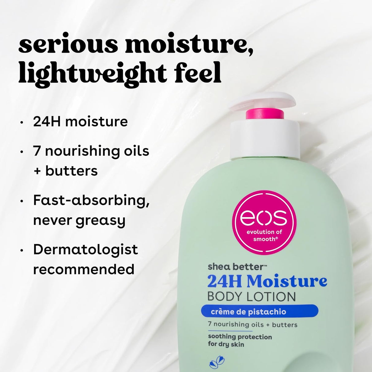 Eos Shea Better Body Lotion- Crème De Pistachio, 24-Hour Moisture Skin Care, Lightweight & Non-Greasy, Made with Natural Shea, Vegan, 16 Fl Oz