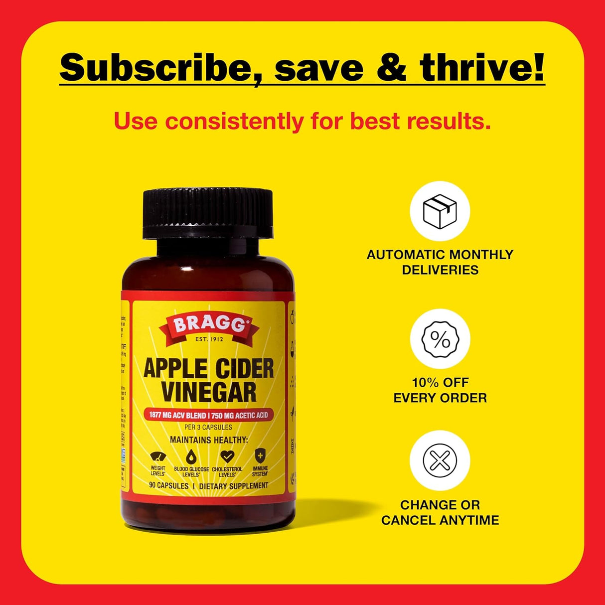 Bragg Organic Apple Cider Vinegar Capsules with Vitamin D and Zinc - 90 Count - Supports Immune System