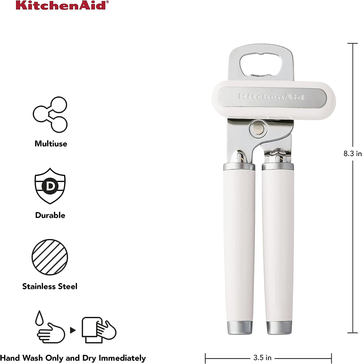 Kitchenaid Classic Multifunction Can Opener and Bottle Opener Easy to Use, Razor Sharp Stainless Steel Cutting Wheel, Soft Ergonomic Handles, White
