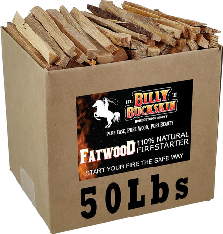 50Lb Fatwood Fire Starter Sticks | 100% Natural Fire Starters for Fire Pit, Wood Stoves, Fireplaces & Bonfire | Easy Start W/Just 2 Sticks Burns in All Weather Conditions by Billy Buckskin (50Lb Box)