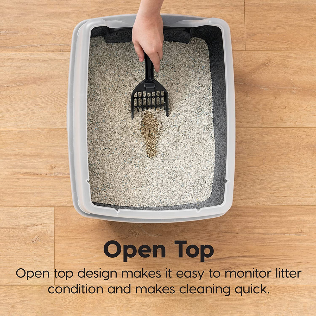 IRIS USA Cat Litter Box Large Open Top with High Sided Walls Tall Scatter Shield Scoop Included Easy Clean Plastic Pan Stain Resistant for Big Cats Kittens Indoor Multi-Cat Households