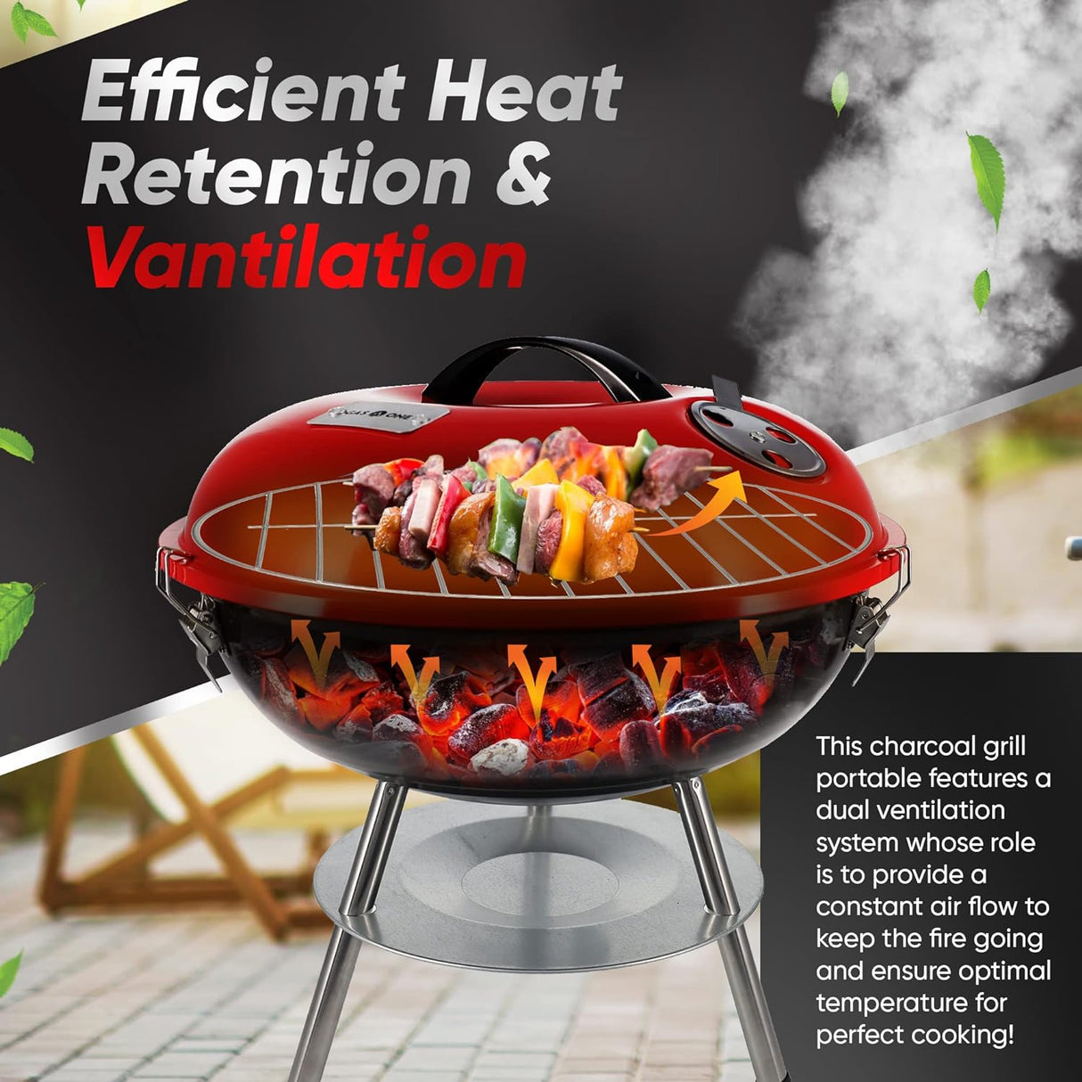 Gas One – 14-Inch Portable Barbecue Grill with 3-Point Locking Lid for Heat Preservation – Dual Venting System – Small Charcoal Grill for Backyard, Camping, Boat
