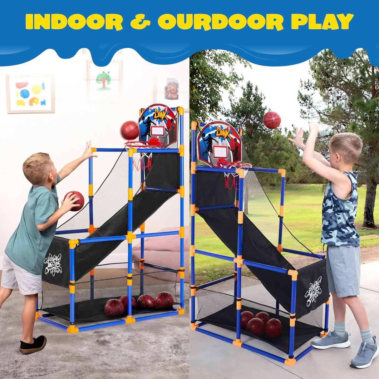 JOYIN Arcade Basketball Game Set with 4 Balls and Hoop for Kids 3 to 12 Years Old Indoor Outdoor Sport Play - Easy Set up - Air Pump Included - Ideal for Competition