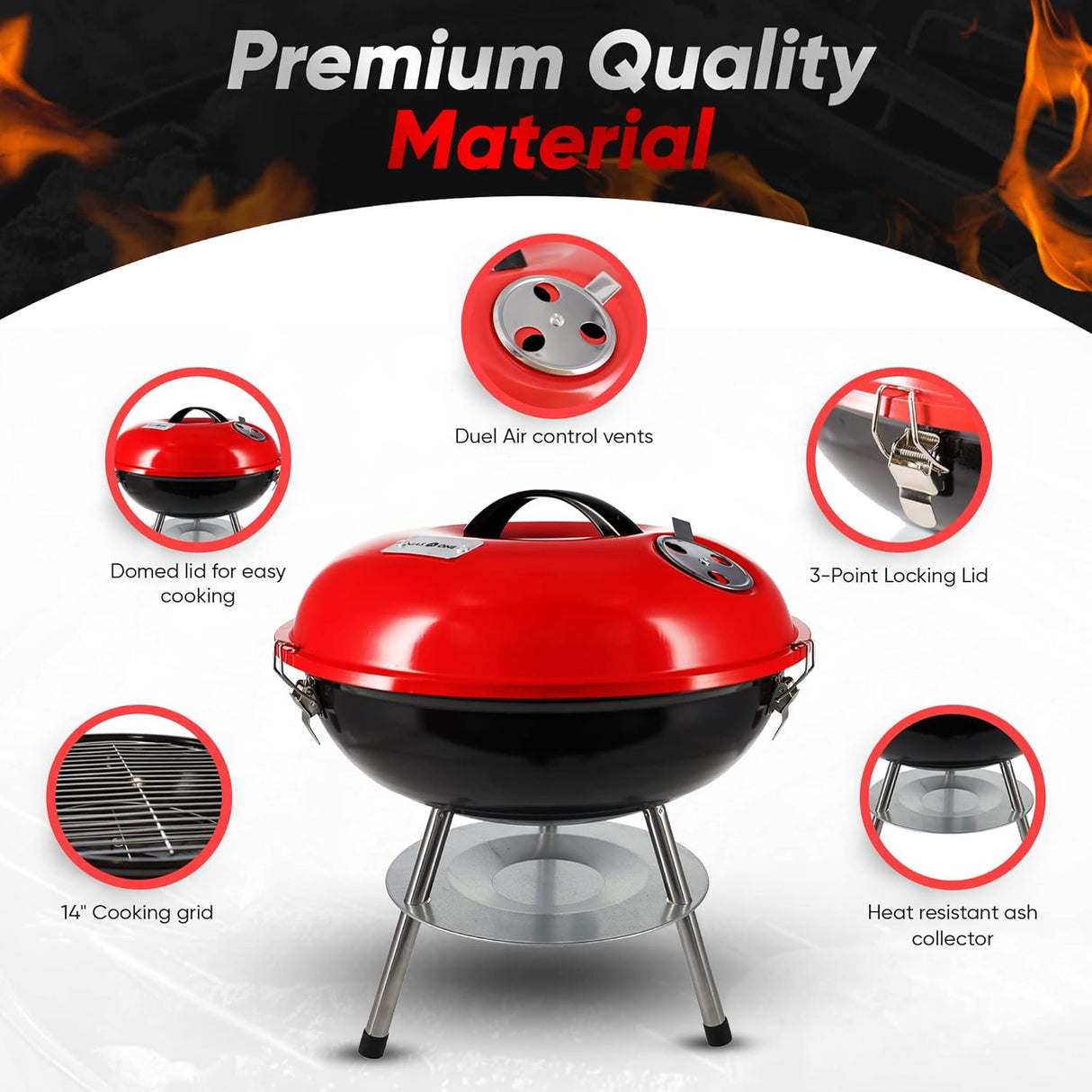 Gas One – 14-Inch Portable Barbecue Grill with 3-Point Locking Lid for Heat Preservation – Dual Venting System – Small Charcoal Grill for Backyard, Camping, Boat