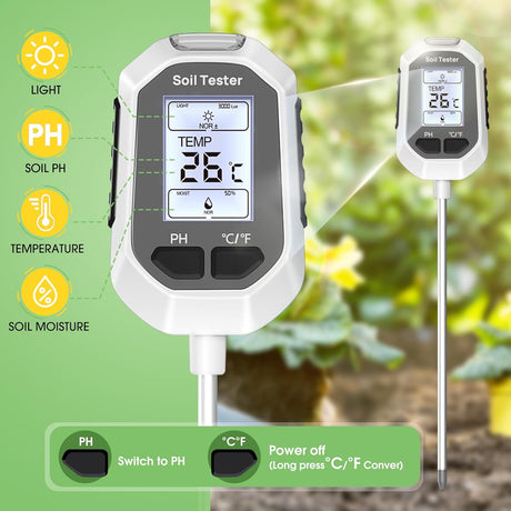 YAMRON 4-In-1 Soil Moisture Meter, Digital Plant Temperature/Soil Moisture Test & PH Meter/Sunlight Intensity, Backlight LCD Display for Gardening, Farming and Outdoor Plants