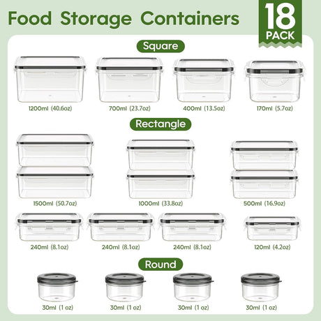 KEMETHY 36-Piece Food Storage Containers with Lids(18 Container & 18 Lid), Plastic Food Containers for Pantry & Kitchen Storage and Organization, Bpa-Free, Leak Proof, Reusable with Labels & Pen