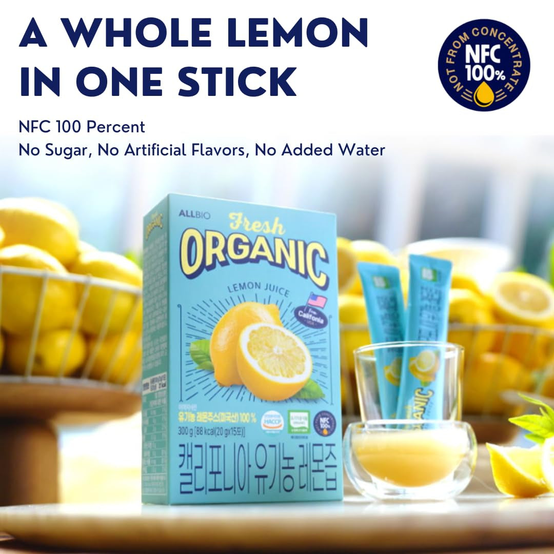 ALLBIO Organic Lemon Juice Sticks | 0.67Oz X 15 Pack – USDA Certified, Cold-Pressed, Not from Concentrate | No Sugar | Portable, Single-Serve Packets for Lemon Water, Tea, Cooking, Baking & Recipe