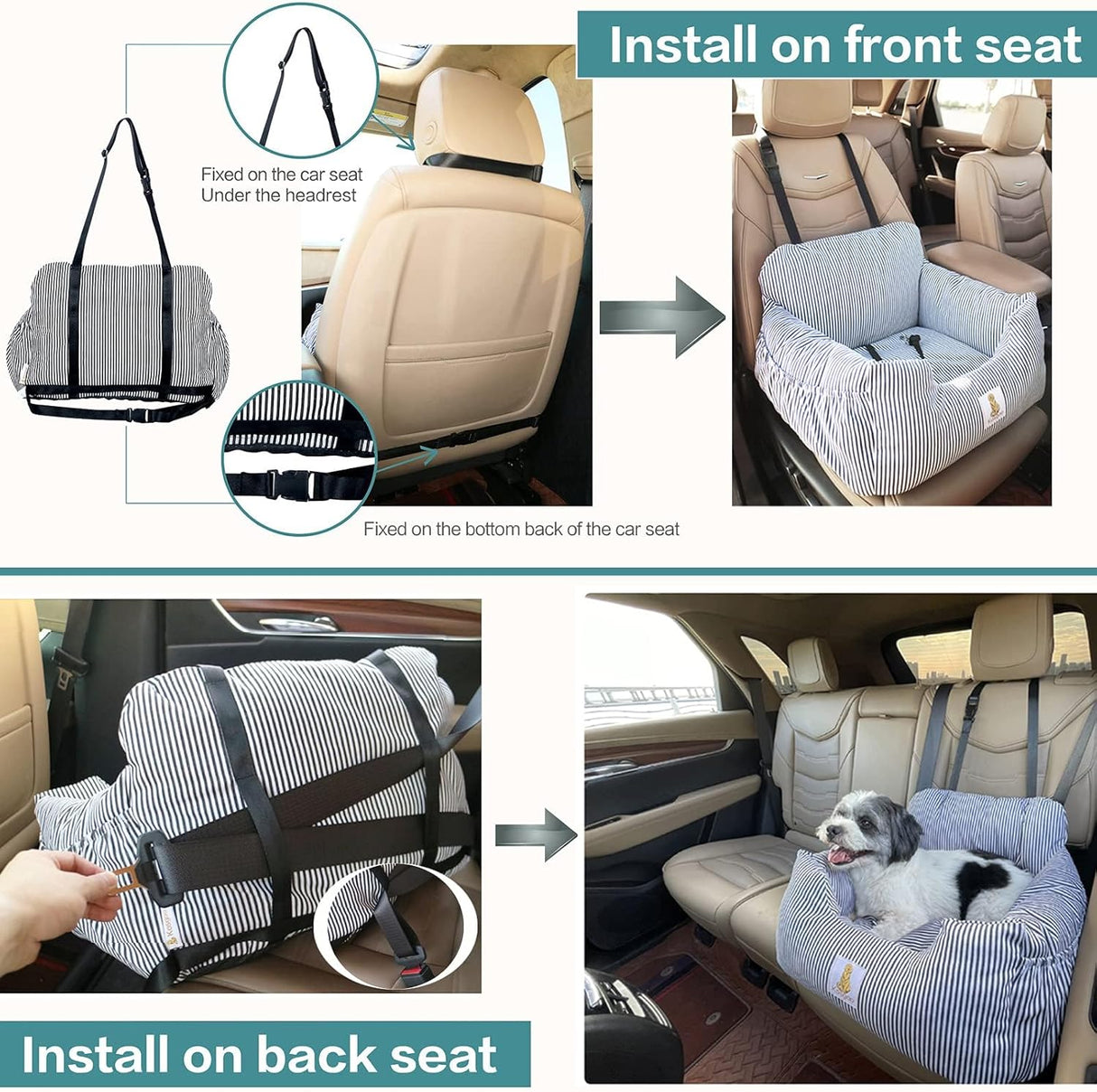 Dog Car Seat for Small Dogs,Fully Detachable and Washable Puppy Dog Booster Seats with Storage Pockets and Clip-On Safety Leash,Non-Slip Base Dog Bed Dual-Use for Car and Home (Black)