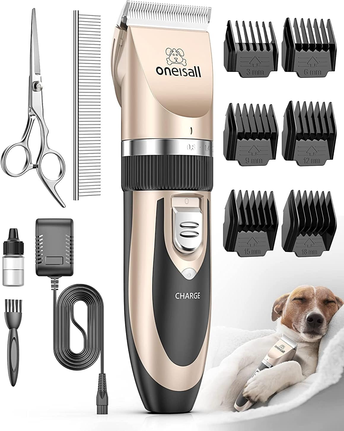 Oneisall Dog Clipper Low Noise, Dog Grooming Kit with Rechargeable, Pet Shaver Cordless Electric Quiet Hair Clipper Set for Dogs Cats Pets（Gold）