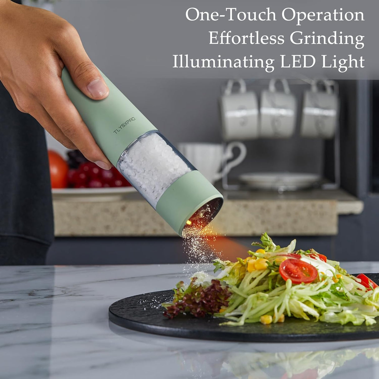 TLYSXPRO Electric Salt and Pepper Grinder Set, USB Rechargeable, Automatic Salt and Pepper Mill Grinder with Adjustable Coarseness, Electric Salt Shakers, LED Light, Refillable (2 Packs, Sage)