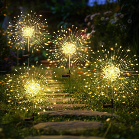 GIGALUMI Garden Decor Outdoor Lights 120LED 4Pack, Solar Garden Lights outside Fairy Firework Decorative,Solar Powered for Yard Pathway Flowerbed Planter Balcony Patio 4Th of July Decor (Warm White