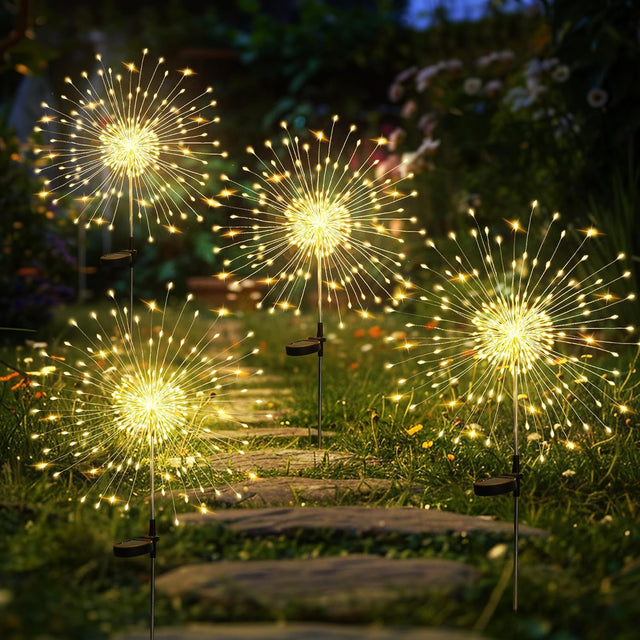 GIGALUMI Garden Decor Outdoor Lights 120LED 4Pack, Solar Garden Lights outside Fairy Firework Decorative,Solar Powered for Yard Pathway Flowerbed Planter Balcony Patio 4Th of July Decor (Warm White