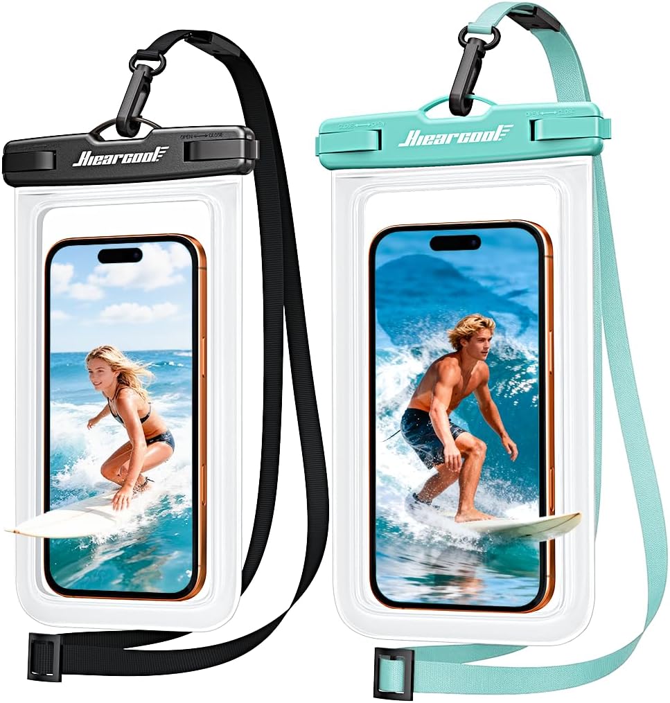 Hiearcool Waterproof Phone Pouch, Universal Case Compatible for Iphone 17 16 15 14 13 Pro Max plus up to 8.9", IPX8 Beach Travel Essentials-Black-2 Pack