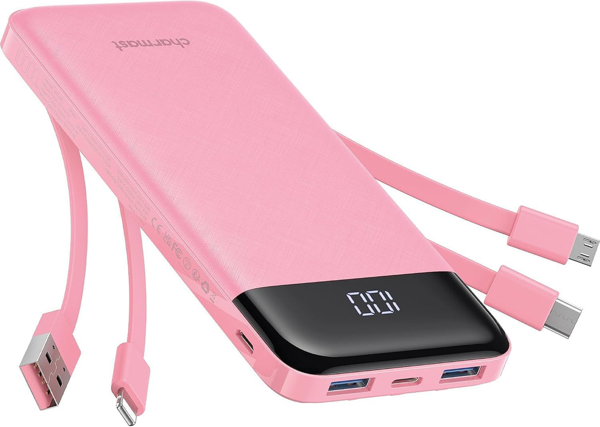 Charmast Portable Charger with Built in Cables, Power Bank with Cords Wires, Slim 10000Mah Travel Battery Pack 6 Outputs 3 Inputs 3A Fast Charging for Samsung Google Pixel LG Moto Iphone Ipad