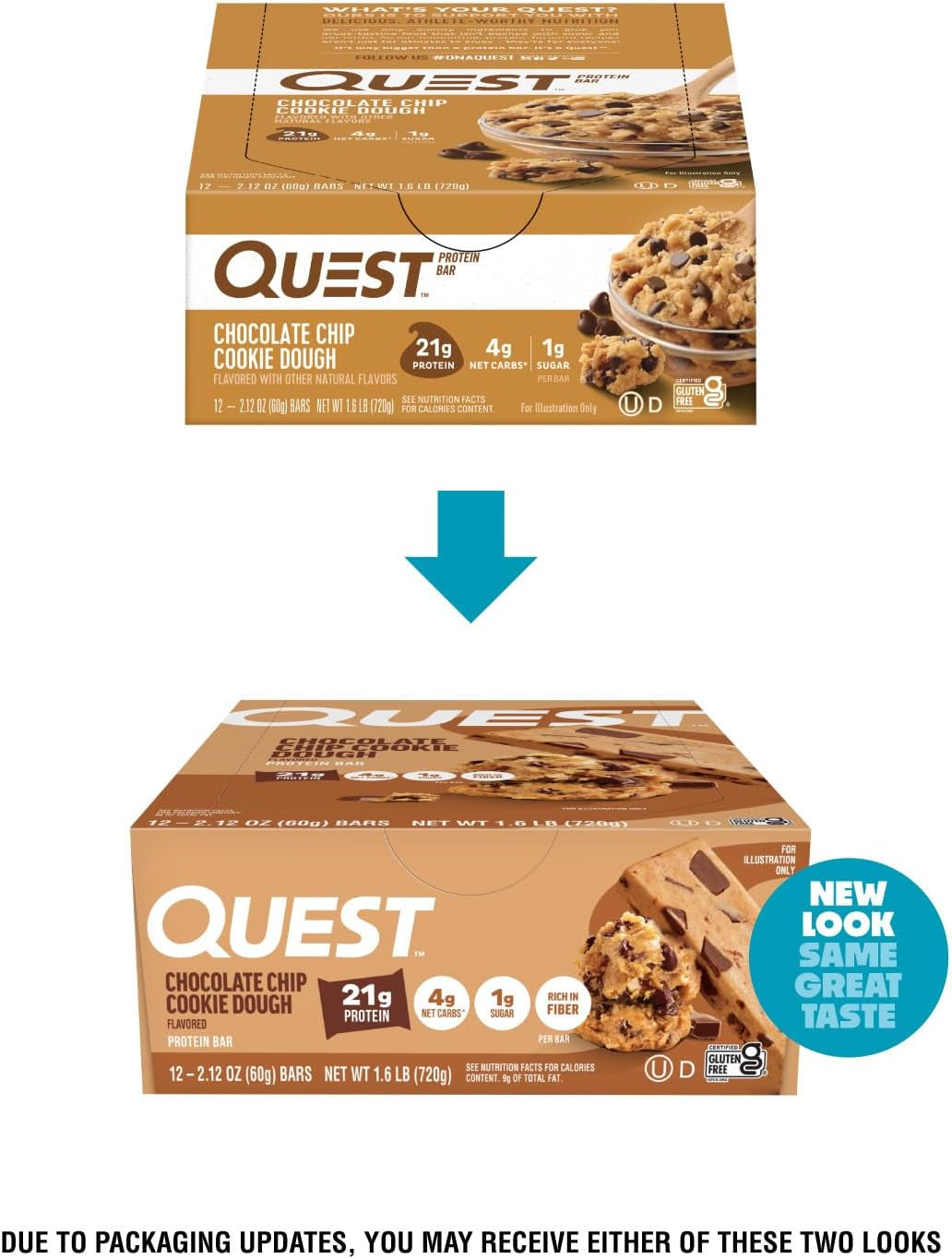 Quest Nutrition Dipped Chocolate Chip Cookie Dough Protein Bars, 18G Protein, 3G Net Carbs, Gluten Free, 1.76 Oz, 12 Count