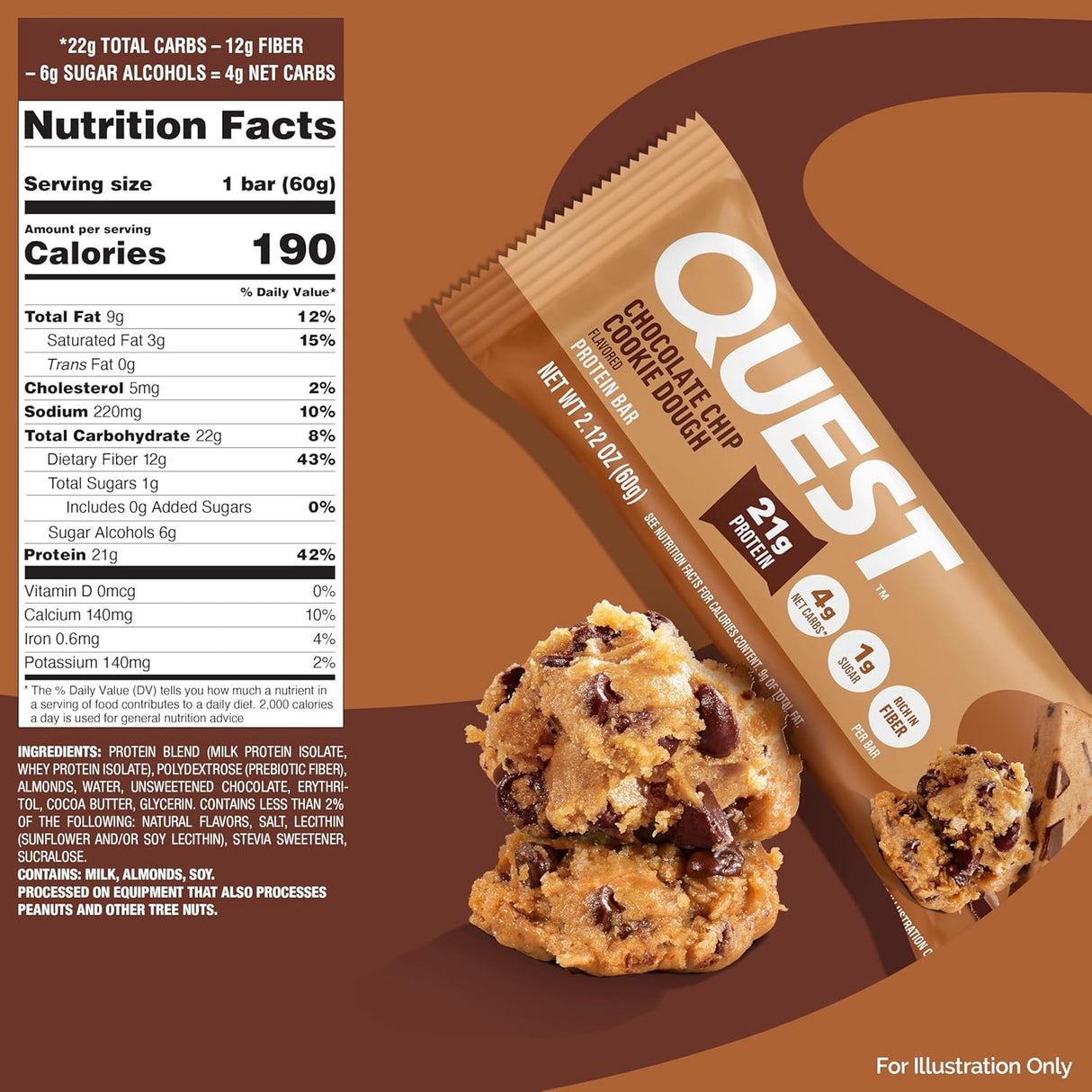 Quest Nutrition Dipped Chocolate Chip Cookie Dough Protein Bars, 18G Protein, 3G Net Carbs, Gluten Free, 1.76 Oz, 12 Count