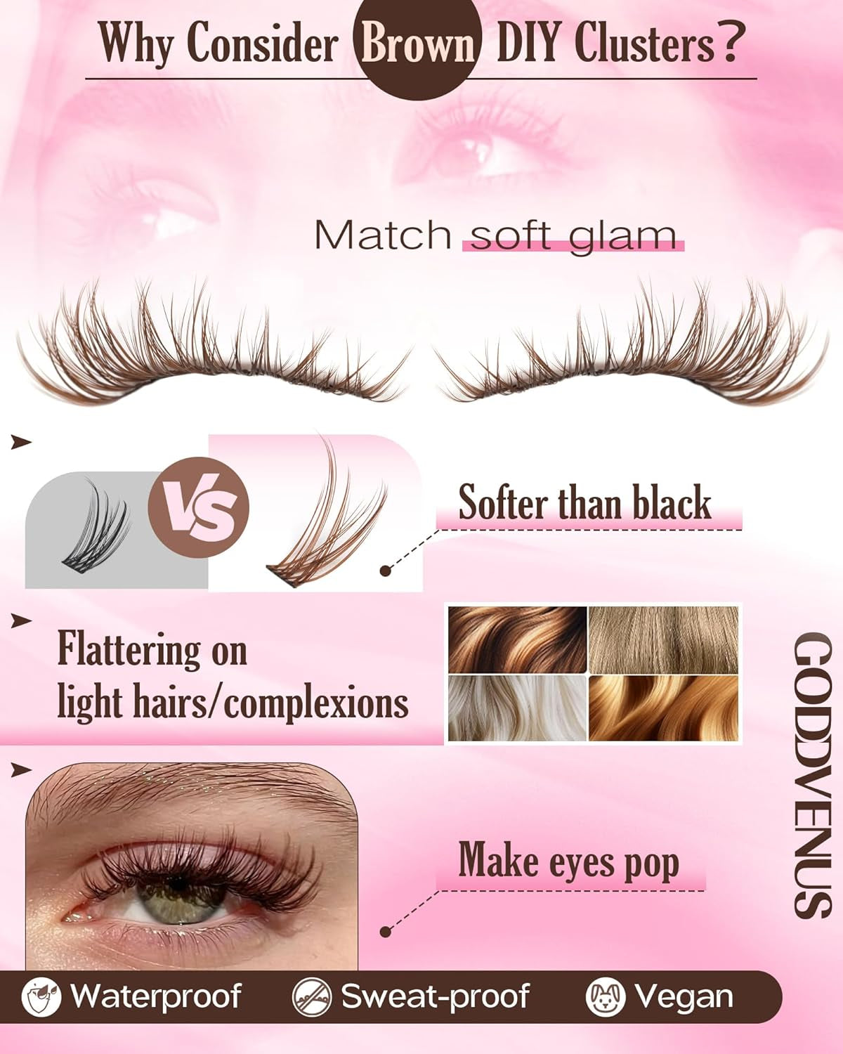 Brown Lash Clusters Kit Natural 300Pcs Wispy Lashes Cluster Eyelash Cluster Extensions Kit C Curve Individual Lashes Extensions Kit for DIY Waterproof & Long - Lasting (Light Brown10-16Mm)