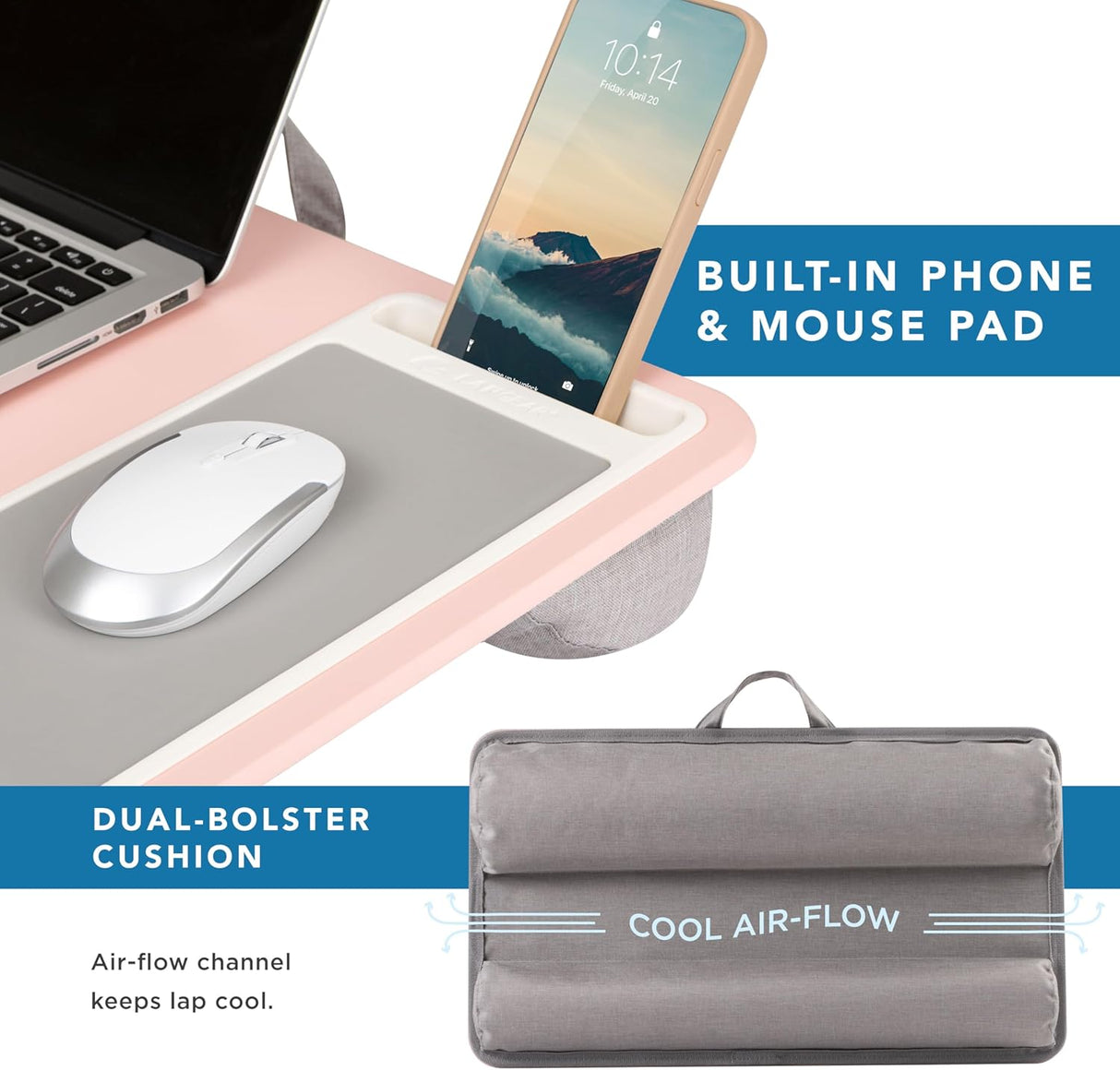 LAPGEAR Home Office Lap Desk with Device Ledge, Mouse Pad, and Phone Holder - Pink - Fits up to 15.6 Inch Laptops - Style No. 91584