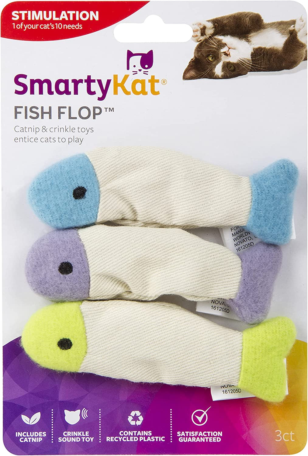 Smartykat (3 Count) Fish Flop Crinkle Catnip Cat Toys - Multi Color, 3 Count