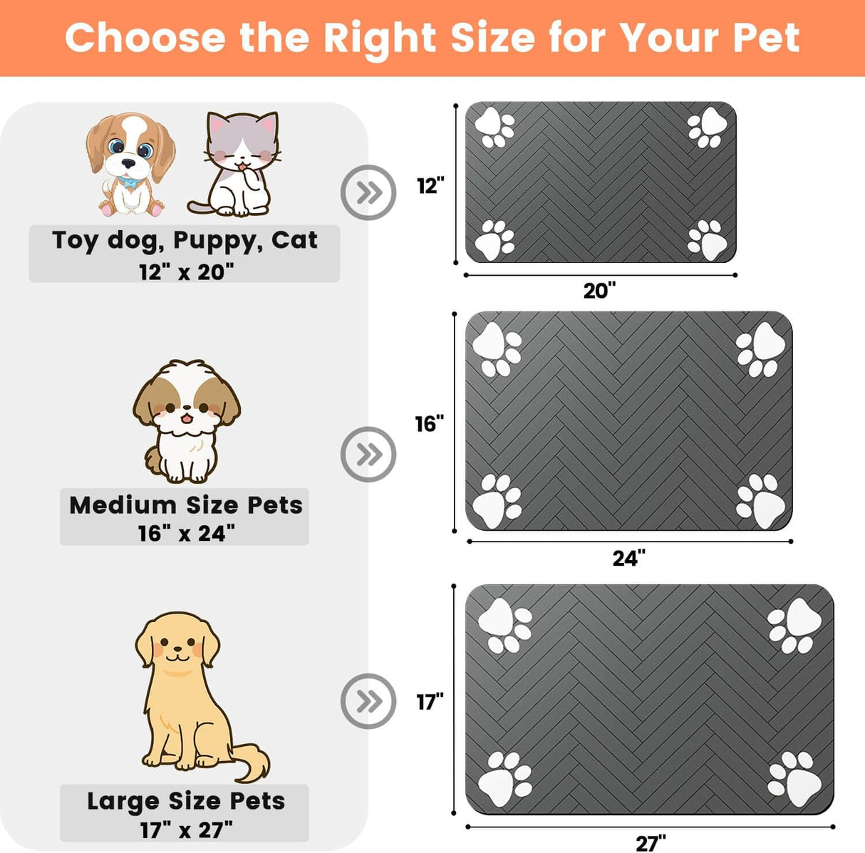 Pet Feeding Mat-Absorbent Pet Placemat for Food and Water Bowl, with Waterproof Rubber Backing, Quick Dry Water Dispenser Mat for Dog and Cat (20"X12", Striped Dark Gray)