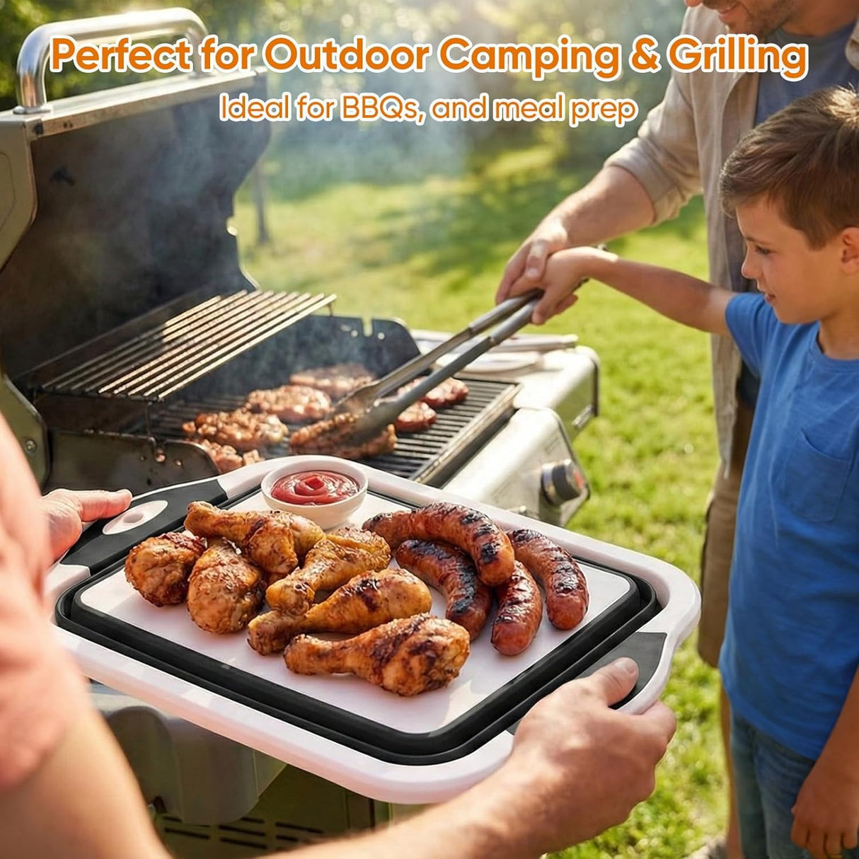 Collapsible BBQ Prep Tub with Lid, Foldable Camping Sink with Colander, Cutting Board, Dish Basin for Kitchen, Bowl, Vegetable and Fruit, Storage Basket for Picnic-Orange