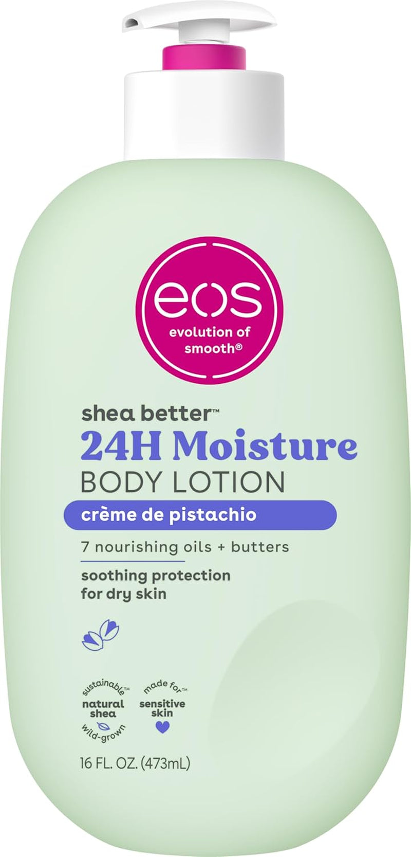 Eos Shea Better Body Lotion- Crème De Pistachio, 24-Hour Moisture Skin Care, Lightweight & Non-Greasy, Made with Natural Shea, Vegan, 16 Fl Oz