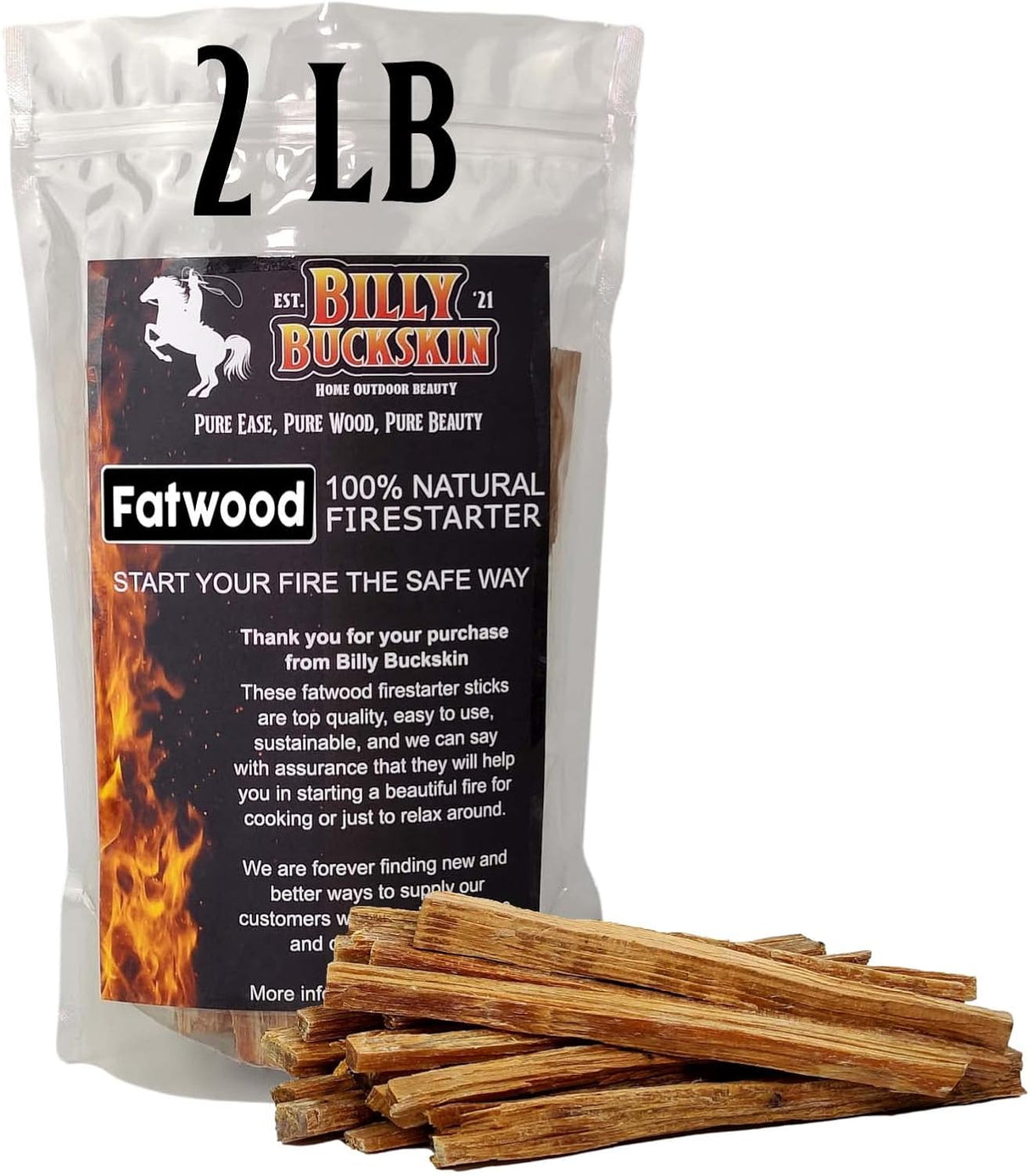 2Lb Fatwood Fire Starter Sticks | 100% Natural Fire Starters for Campfires, Firepit, Wood Stoves, Fireplaces, BBQ | Start a Fire W/Just 2 Sticks | Camping Essentials by Billy Buckskin (2Lb Bag)