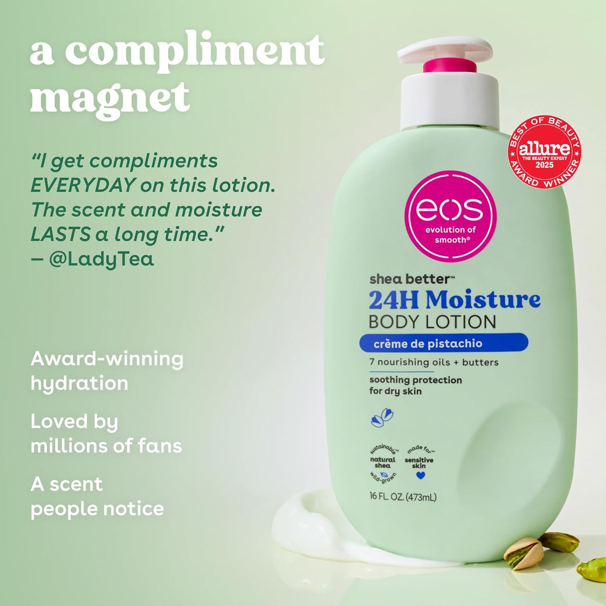 Eos Shea Better Body Lotion- Crème De Pistachio, 24-Hour Moisture Skin Care, Lightweight & Non-Greasy, Made with Natural Shea, Vegan, 16 Fl Oz