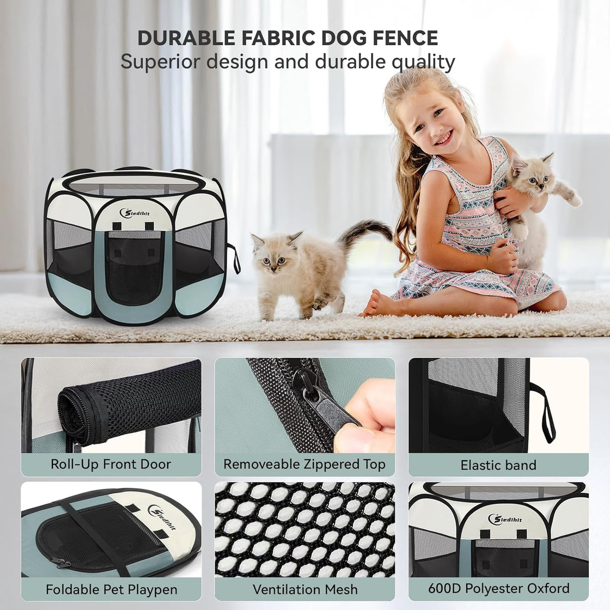Siedihit Dog Cat Playpen, Puppy Pet Playpen Indoor for Small Dog Crate Tent Cage Outdoor, Portable Pop up Dogs Enclosure Kennel with Carrying Case for Dogs/Cats/Rabbits(Grey, Small