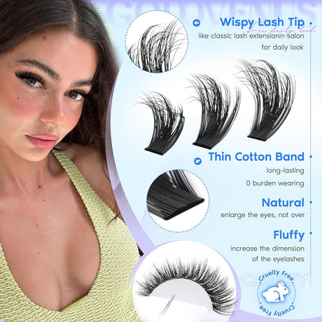 Goddvenus Lash Clusters Kit Wispy Lashes Clusters Natural Fluffy Eyelashes Clusters 12Mm 14Mm 16Mm Mixed Cluster Eyelash Extensions Kit D Curl DIY Individual Lashes Kit with Bond and Seal Lash Glue