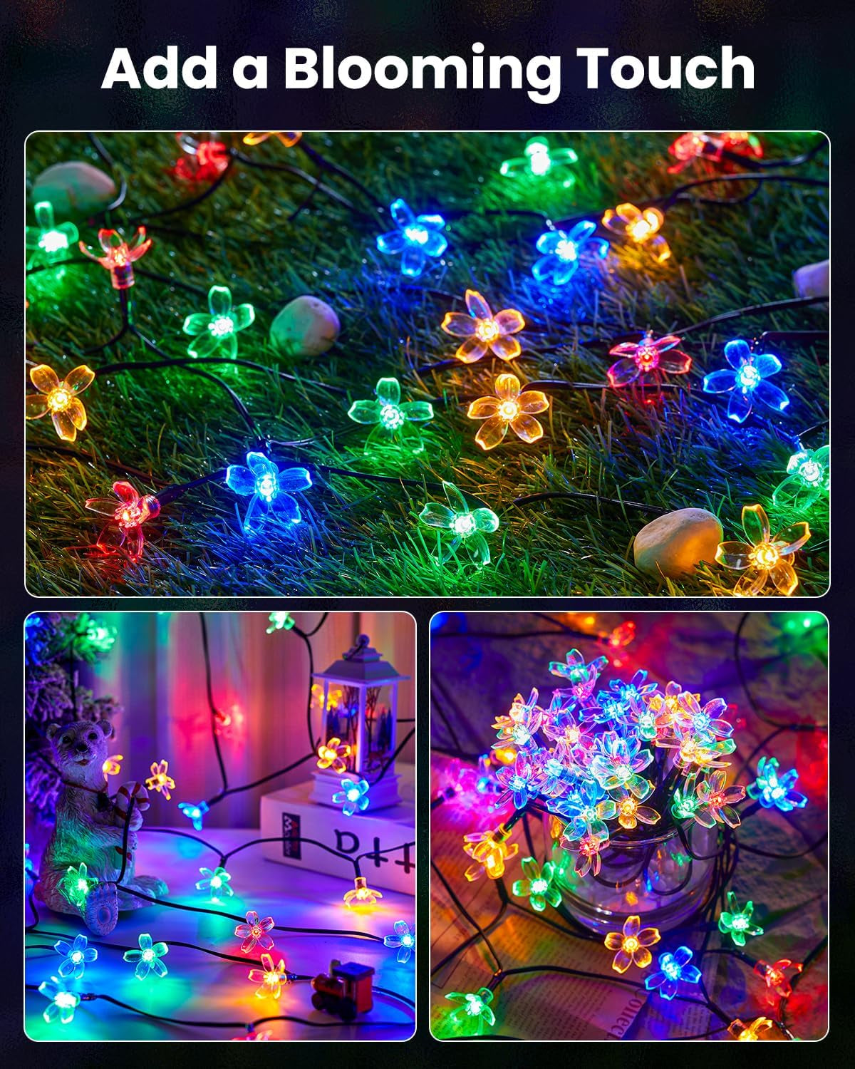 Brightown 60 LED Solar Flower String Lights Outdoor Waterproof Fairy Lights for Garden Yard Fence Patio Christmas Tree Wedding Party Decor, Pure White