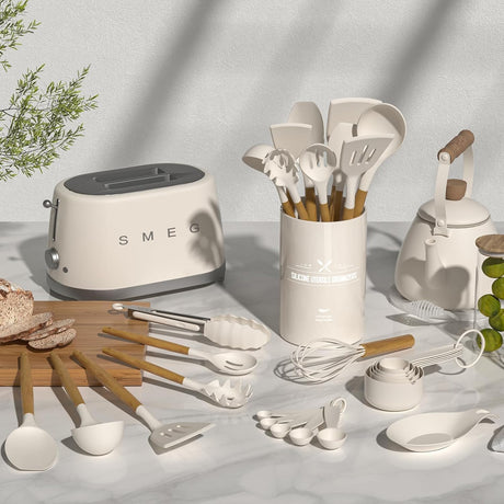 Umite Chef Kitchen Cooking Utensils Set, 33 Pcs Non-Stick Silicone Cooking Kitchen Utensils Spatula Set with Holder, Wooden Handle Silicone Kitchen Gadgets Utensil Set (Khaki)