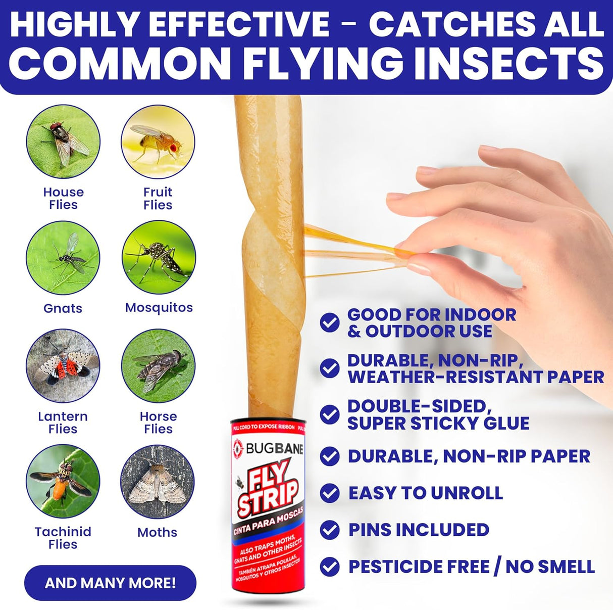 Fly Strips Indoor Sticky Hanging 24Pk with Pins. Non Toxic Outdoor Fly Trap Indoor for Home. Flies Tape Paper Trap Ribbon Roll for House Gnat Fruit and Housefly. Bug Catchers for inside Home Flypaper.