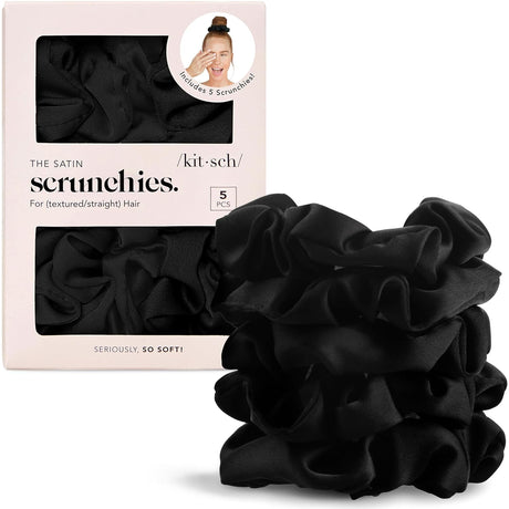 Kitsch Satin Scrunchies for Women - No Crease, Frizz Control | Softer than Silk Scrunchies Gentle on Hair Scrunchies for All Hair Types | Stylish Hair Accessories College Essentials - Black, 5Pcs