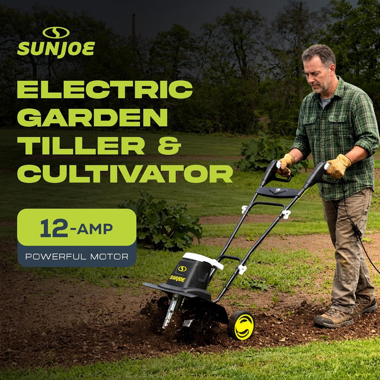 Sun Joe Electric Garden Tiller and Cultivator with 3 Position Height Adjustment Maximum 12-Inch Cultivating Width and 8 Amp Motor, TJ602E