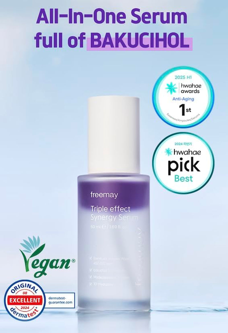 Freemay Triple Effect Synergy Serum 50 Ml / 1.69 Fl Oz – Hydrating Facial Serum with Bakuchiol & Hyaluronic Acid
