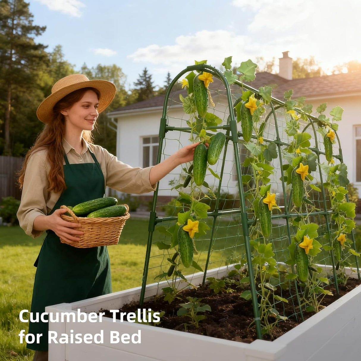 Cucumber Trellis for Raised Bed, U-Shape Garden Arch Metal Support for Climbing Plants, Metal Arch Plant Support Vegetables Trellis, Plant Support for Vine Outdoor (Green, 47*30*47Inch(L*W*H))