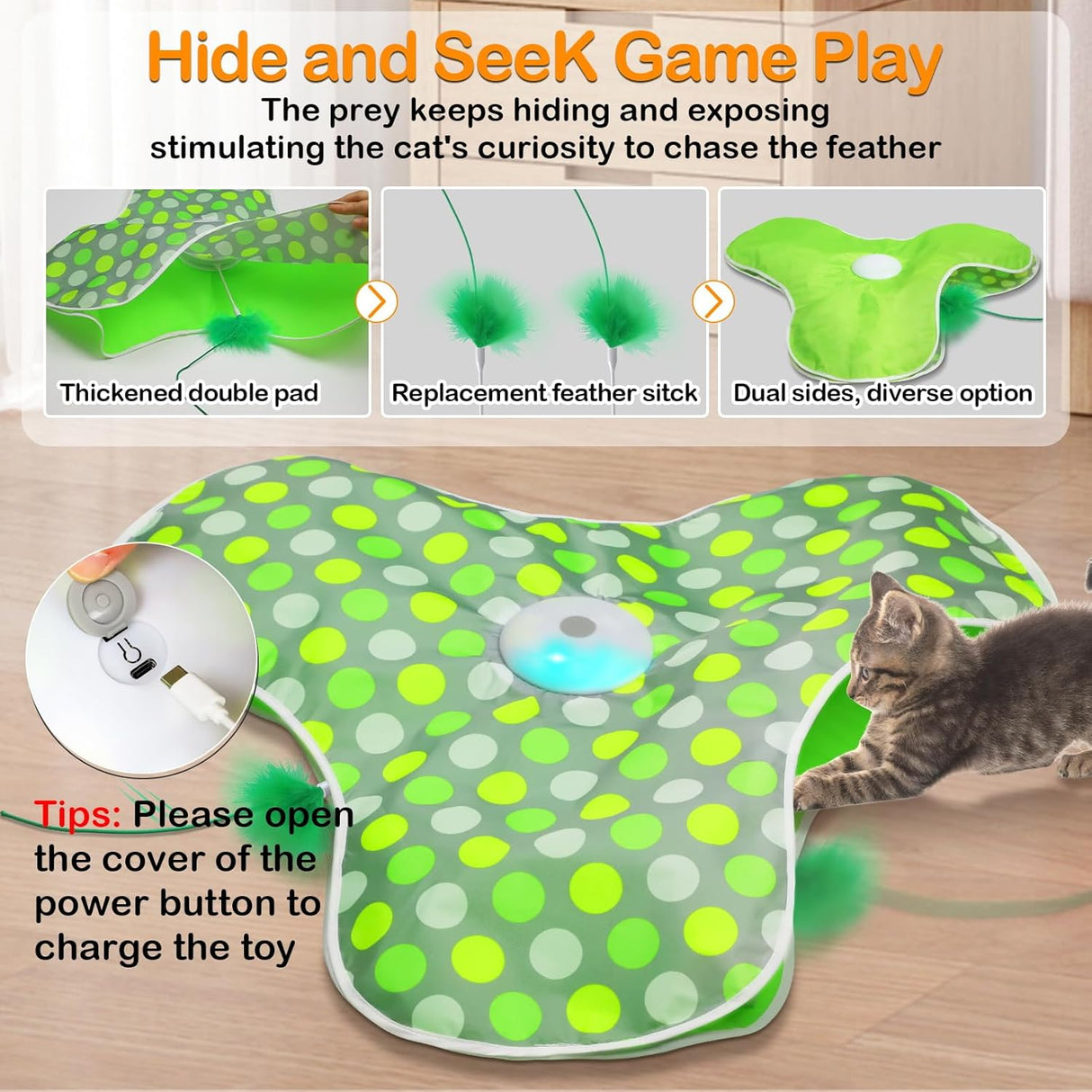 Umosis Interactive Cat Toys Rechargeable,Moving Concealed Feathers,Real Mouse Squeaky,Touch Activated Cat Kitten Toy Exercise Toys for Indoor Bored Adult Cats