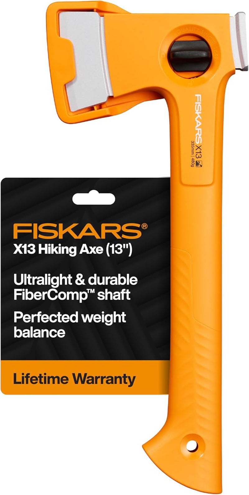 Fiskars X13 Ultralight Hiking Axe 13", Ultra-Sharp Forged Steel Blade for Efficient Chopping & Camping, 15% Lighter High-Visibility Orange Fibercomp Handle Drives Tent Stakes, Sheath Included