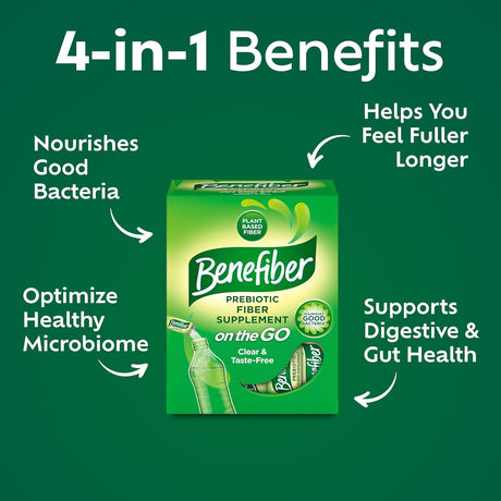 Benefiber on the Go Prebiotic Fiber Supplement Powder for Digestive Health, Daily Fiber, Unflavored - 28 Sticks (3.92 Ounces)