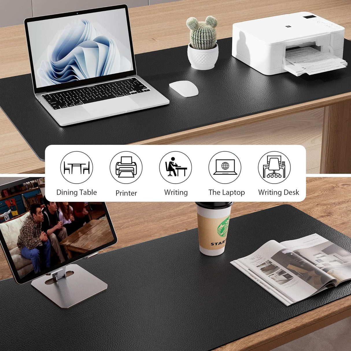 Aothia Non-Slip Waterproof PU Leather Desk Pad Protector for Mouse, Writing Desk, Office, Home, Laptop Blotter, 23.6" X 13.7", Black