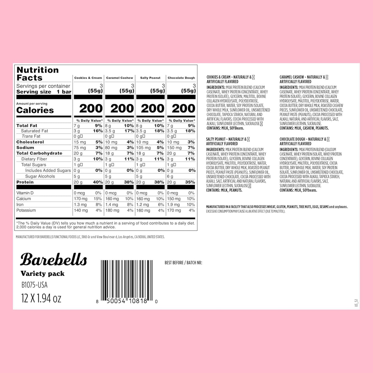Barebells Protein Bars Caramel Cashew - 12 Count, 20G High Protein Treats - Chocolate Nutrition Bar with 1G Total Sugars - On-The-Go Breakfast or Post-Workout Snack
