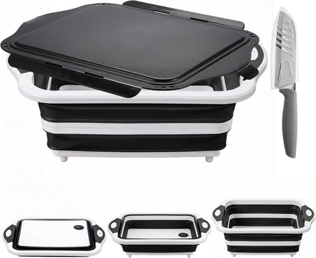Collapsible BBQ Prep Tub with Lid, Foldable Camping Sink with Colander, Cutting Board, Dish Basin for Kitchen, Bowl, Vegetable and Fruit, Storage Basket for Picnic-Black