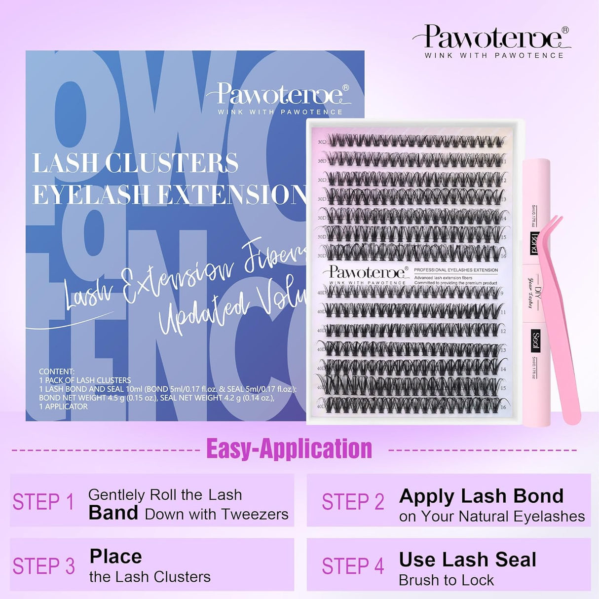 Pawotence Lash Extension Kit DIY 280Pcs Lash Clusters Eyelash Extension Kit, 9-16Mm 30D 40D Individual Lashes Kit with Lash Bond and Seal, Lash Tweezers for Self Use (30D&40D, 0.07D, 9-16Mm, Kit)